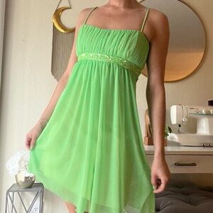 Lime Green Chiffon. Beaded Empire Waist Size S Spaghetti Straps